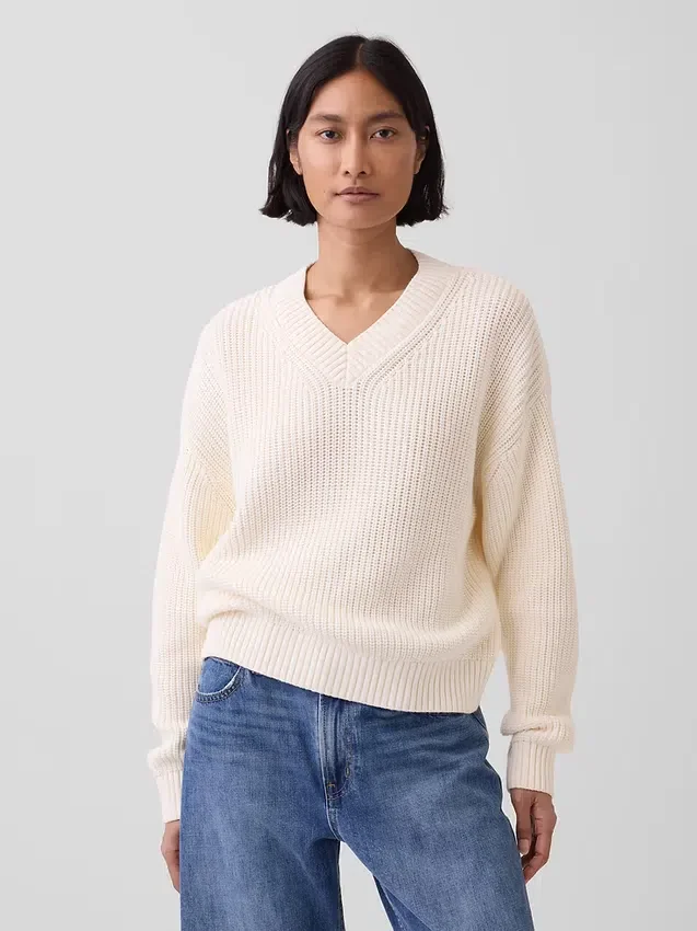 100% katoenen oversized trui met V-hals en shaker-steek