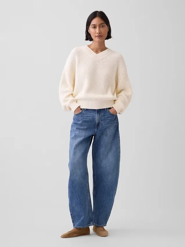 100% katoenen oversized trui met V-hals en shaker-steek
