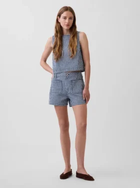 3,5" hoge taille, geruite, relaxte rechte korte broek van denim