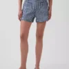 3,5" hoge taille, geruite, relaxte rechte korte broek van denim
