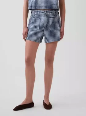 3,5″ hoge taille, geruite, relaxte rechte korte broek van denim
