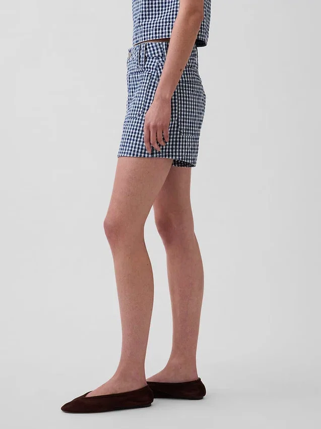 3,5" hoge taille, geruite, relaxte rechte korte broek van denim