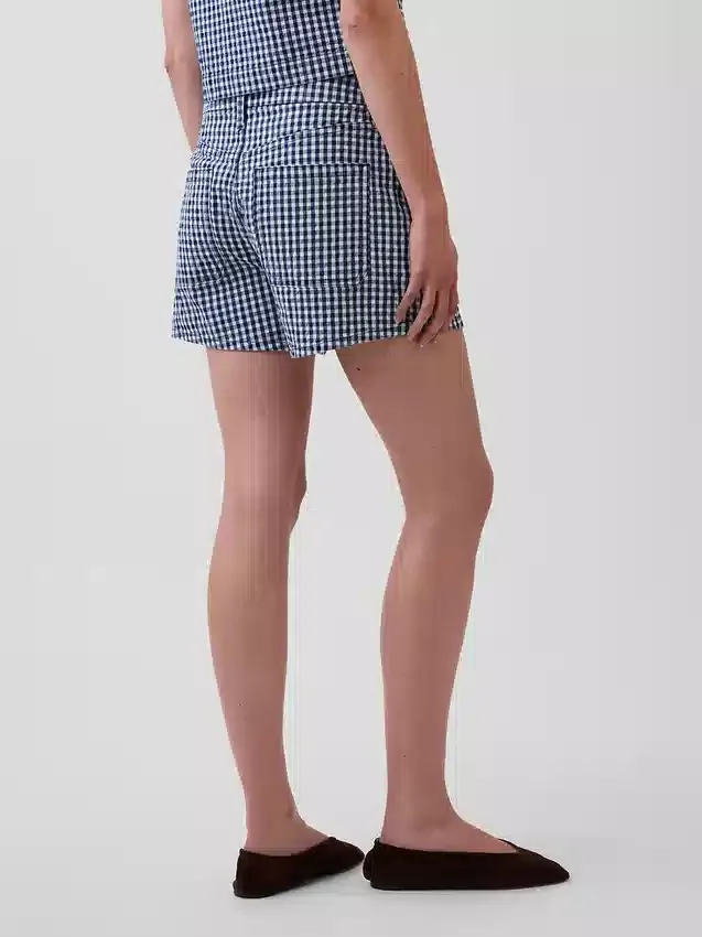3,5" hoge taille, geruite, relaxte rechte korte broek van denim