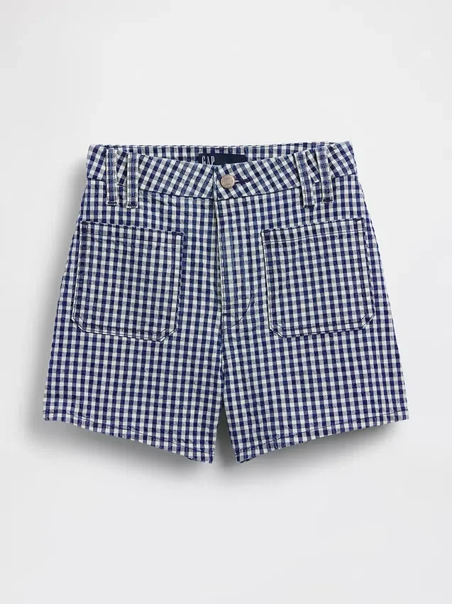 3,5" hoge taille, geruite, relaxte rechte korte broek van denim