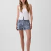 3,5" hoge taille, geruite, relaxte rechte korte broek van denim
