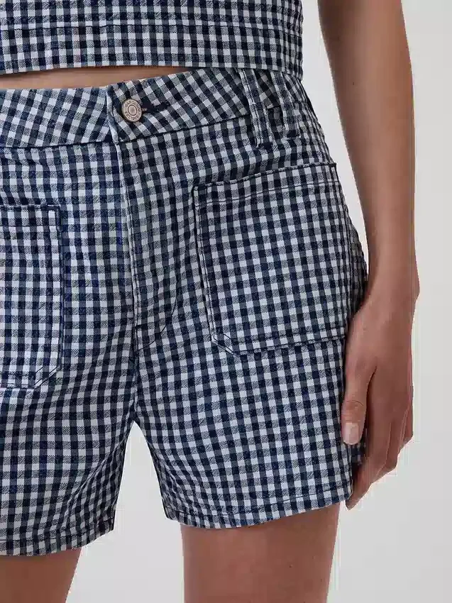 3,5" hoge taille, geruite, relaxte rechte korte broek van denim