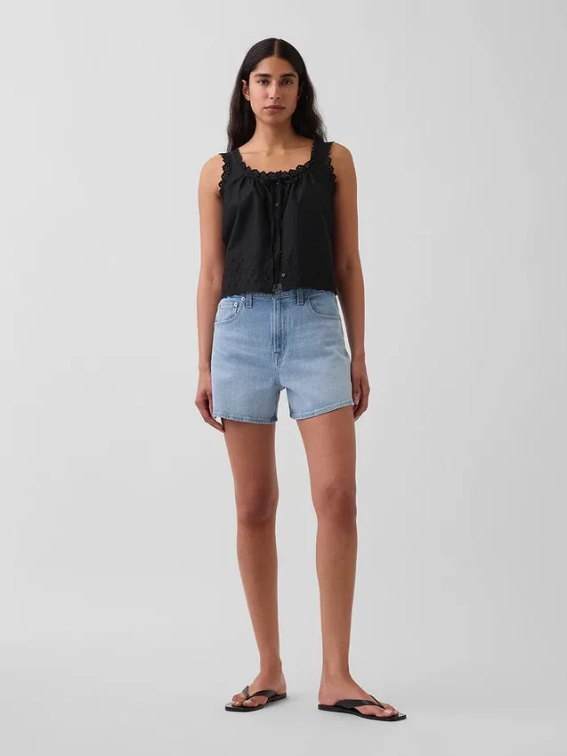 3,5" hoge taille, relaxte rechte korte broek van denim