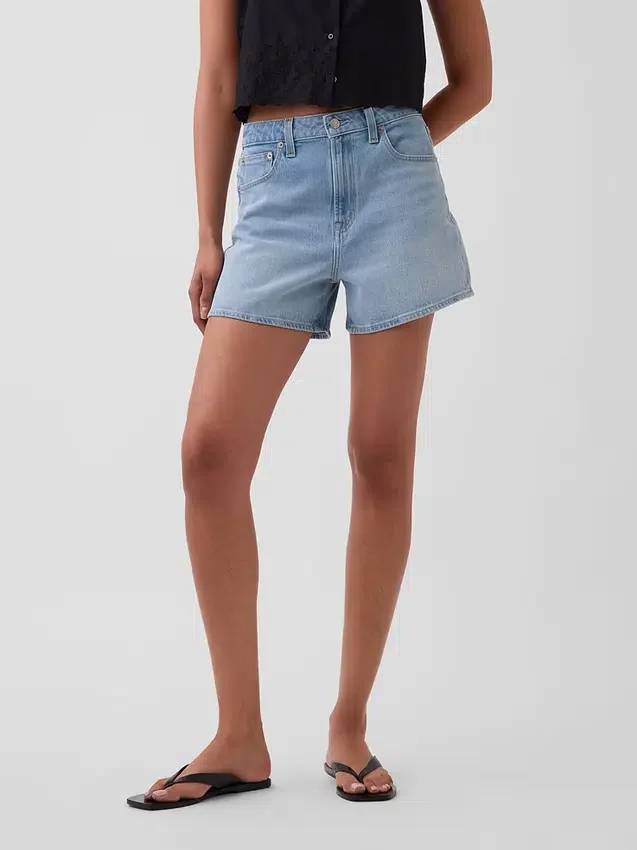 3,5" hoge taille, relaxte rechte korte broek van denim