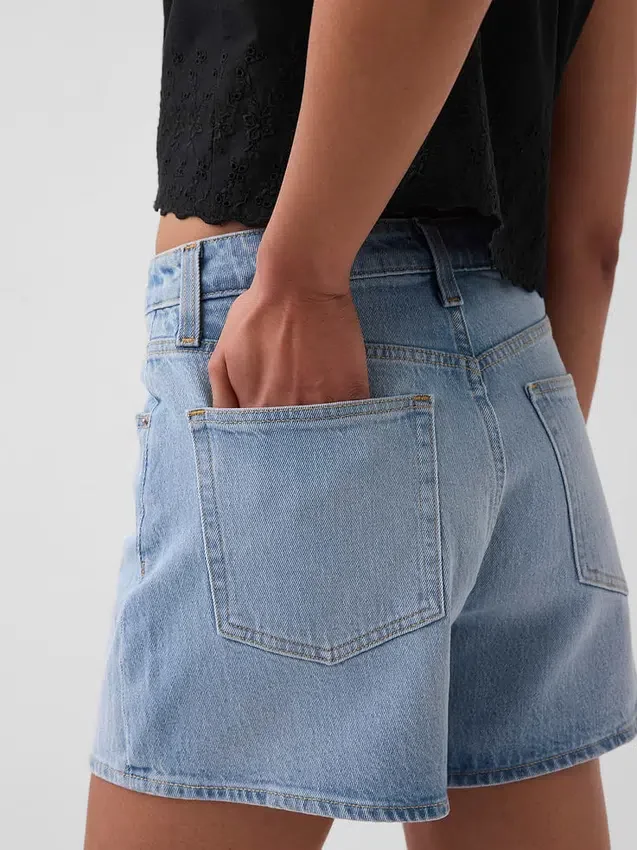 3,5" hoge taille, relaxte rechte korte broek van denim