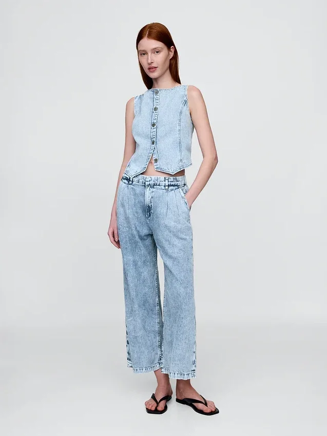 365 High Rise ultrazachte denim broek met plooien tot aan de enkels