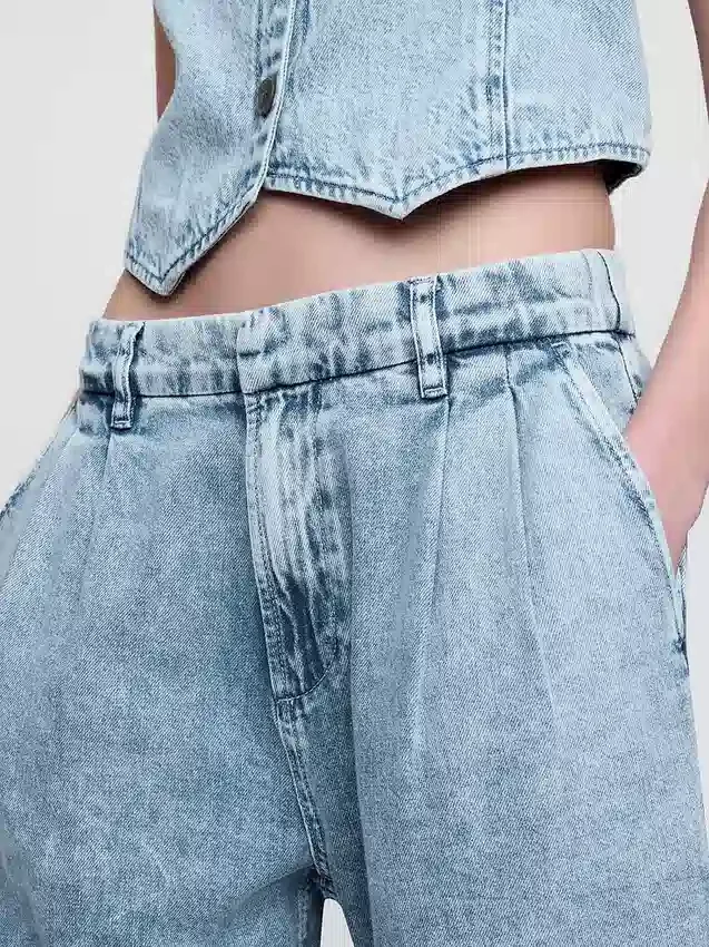 365 High Rise ultrazachte denim broek met plooien tot aan de enkels