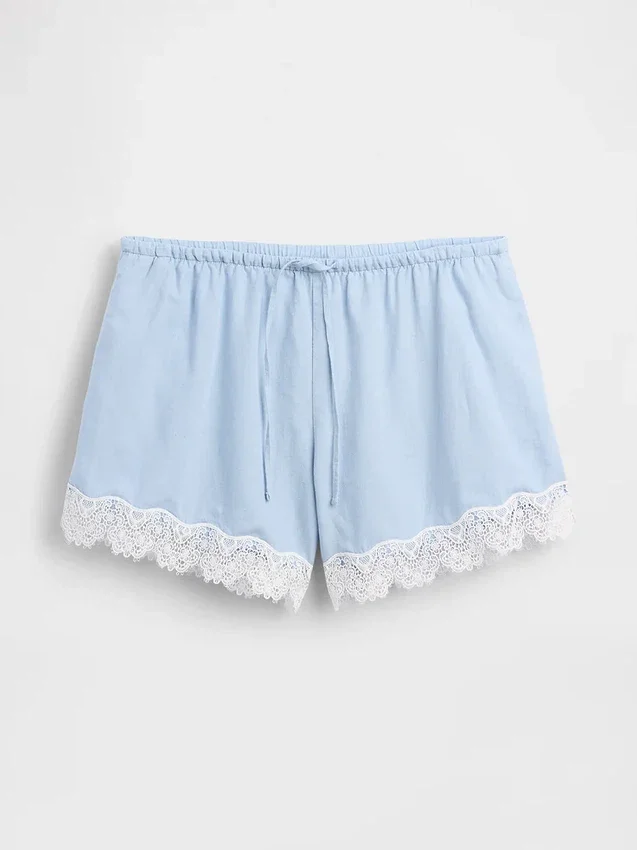 4" mid-rise korte broek van linnenmix met kanten rand