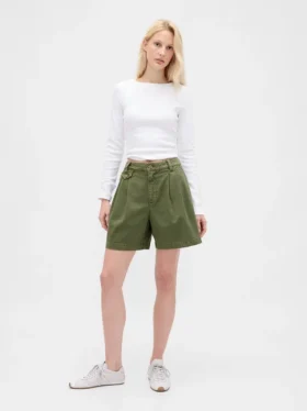 6" mid-rise twill geplooide korte broek