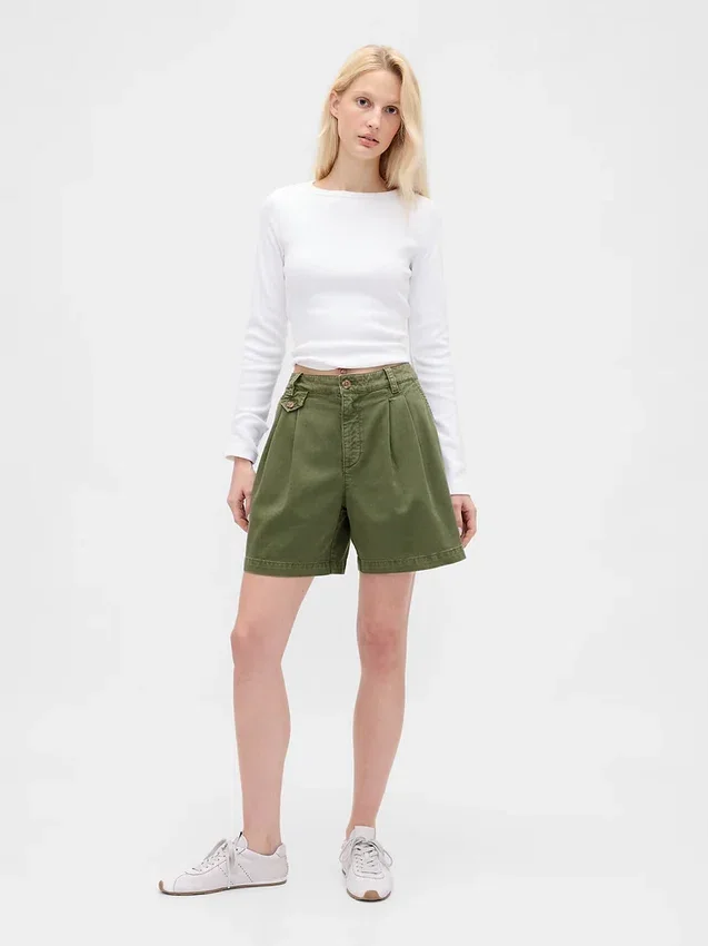 6" mid-rise twill geplooide korte broek