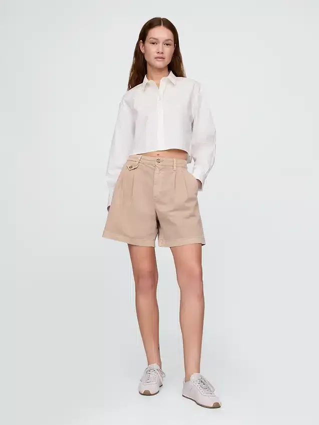 6" mid-rise twill geplooide korte broek
