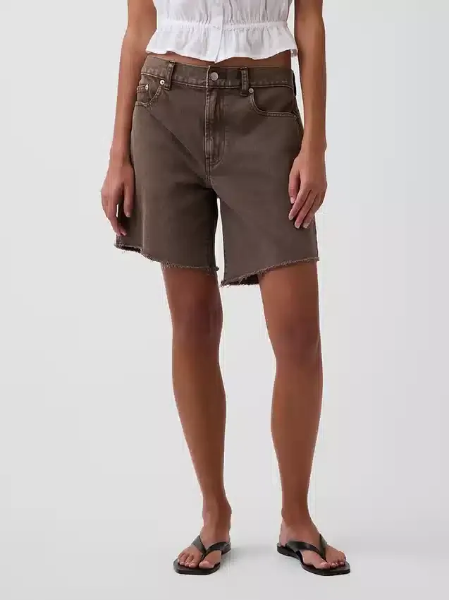 8" loszittende denim korte broek met middelhoge taille