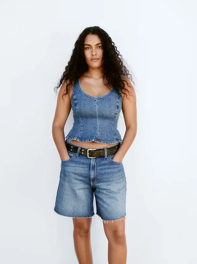 8" loszittende denim korte broek met middelhoge taille