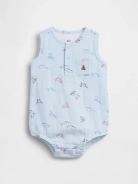 Baby-body van katoenen gaas met Henley-hals en zakje