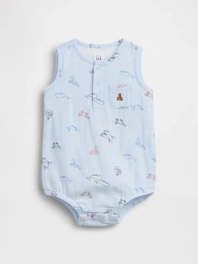 Baby-body van katoenen gaas met Henley-hals en zakje