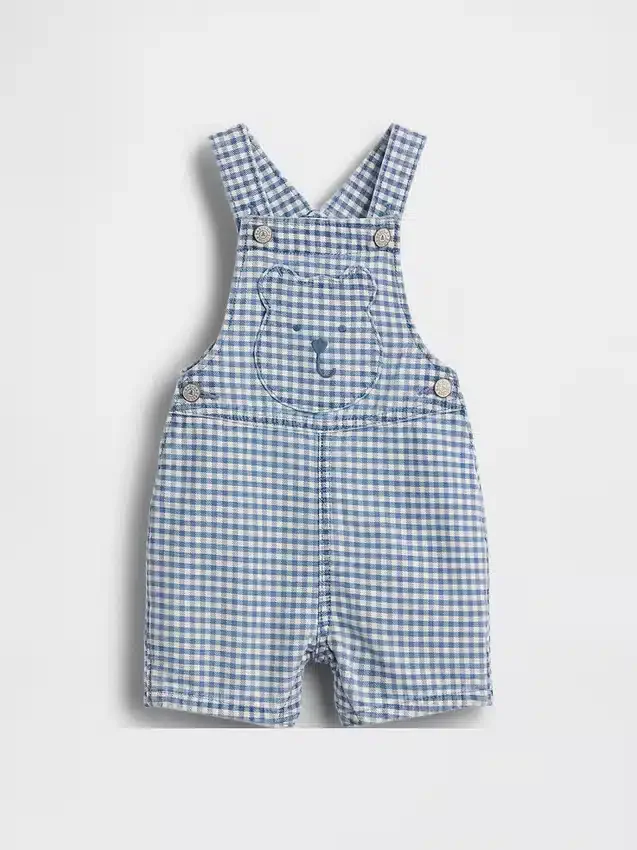 Baby-overall van gingham-denim met berenzakje