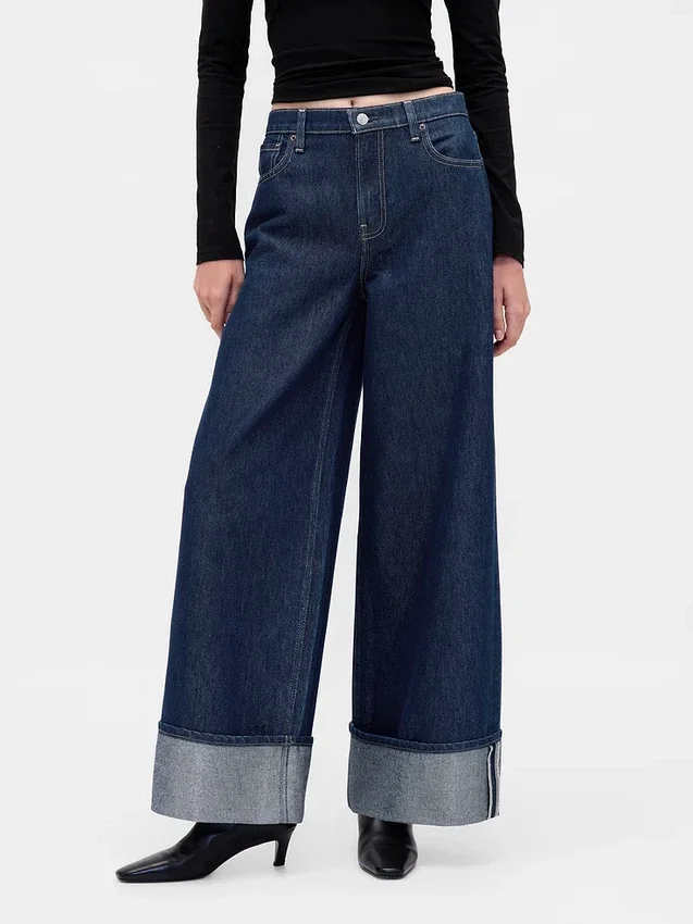 Baggy-Jeans met middelhoge taille en metallic omgeslagen boorden