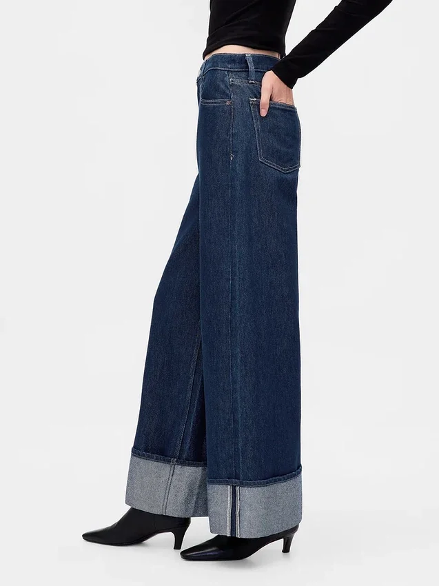 Baggy-Jeans met middelhoge taille en metallic omgeslagen boorden
