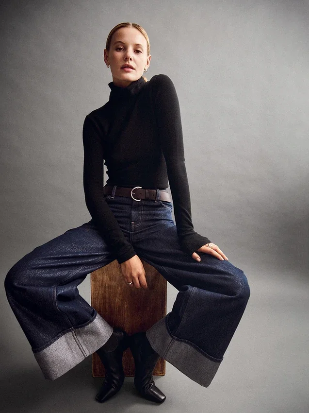 Baggy-Jeans met middelhoge taille en metallic omgeslagen boorden