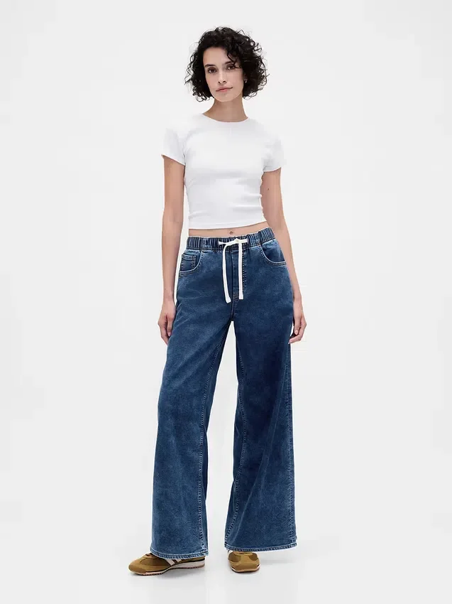 Baggy jeans van gebreide denim met middelhoge taille