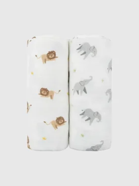 Bamboe inbakerdoekenset met kleine leeuw en olifant