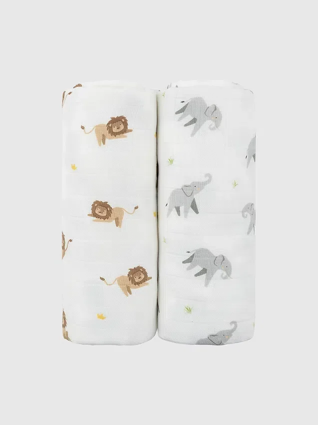 Bamboe inbakerdoekenset met kleine leeuw en olifant