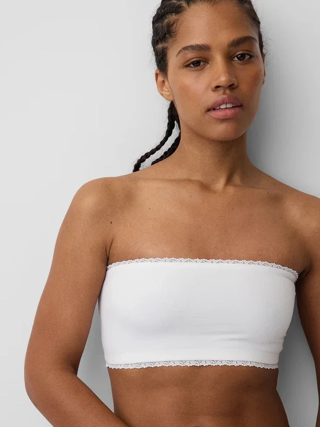 Bandeau-bralette van biologisch stretchkatoen met kanten rand