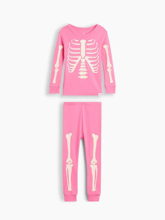 Biologische pyjamaset van geborsteld katoen voor Baby & Peuter met in het donker oplichtend skeletmotief