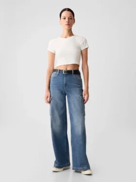Cargo-Jeans met hoge taille en wijde pijpen