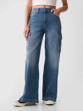 Cargo-Jeans met hoge taille en wijde pijpen
