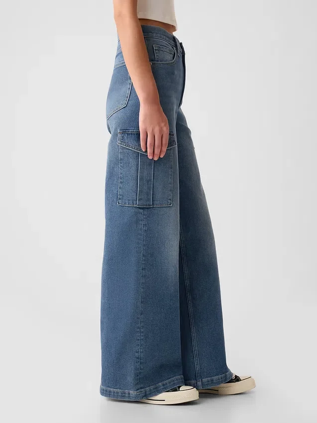 Cargo-Jeans met hoge taille en wijde pijpen