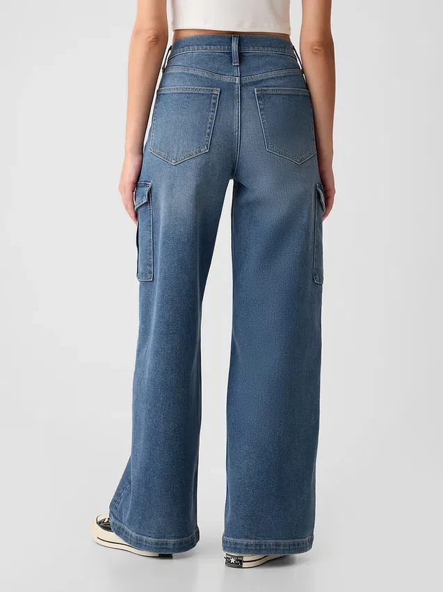Cargo-Jeans met hoge taille en wijde pijpen