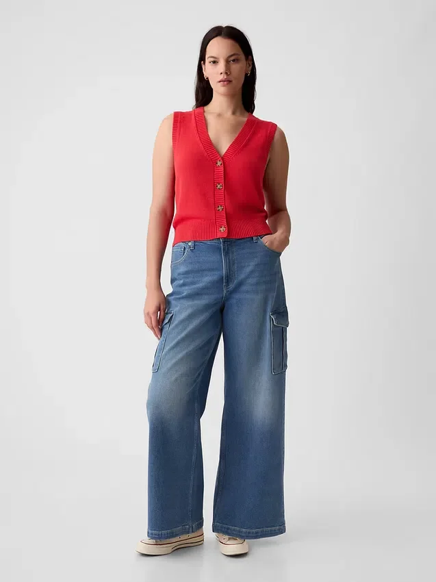Cargo-Jeans met hoge taille en wijde pijpen