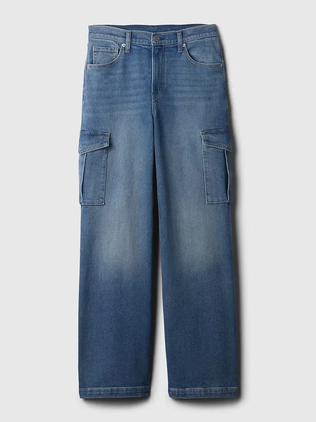 Cargo-Jeans met hoge taille en wijde pijpen