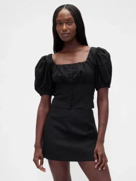 Crop-corsettop met pofmouwjes van linnenmix