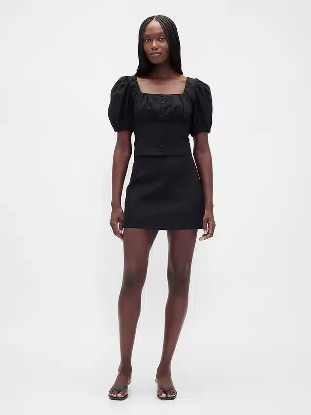 Crop-corsettop met pofmouwjes van linnenmix