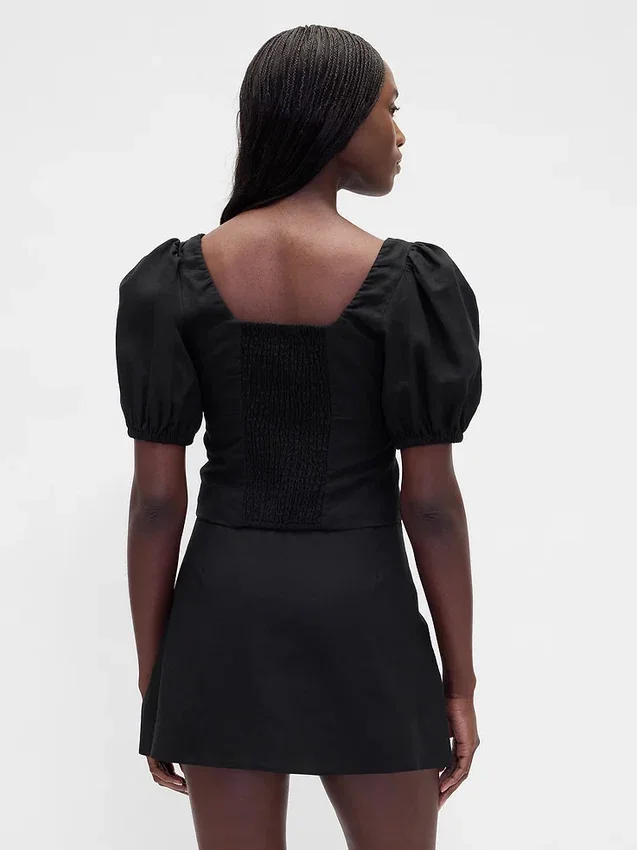 Crop-corsettop met pofmouwjes van linnenmix