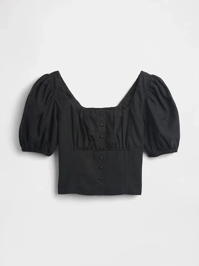Crop-corsettop met pofmouwjes van linnenmix