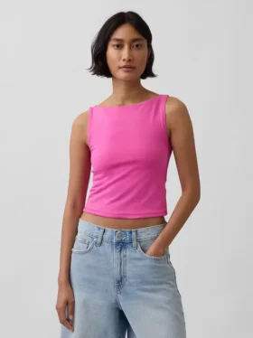 Crop-tanktop van dichtgebreide jersey met boothals