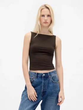 Crop-tanktop van dichtgebreide jersey met boothals