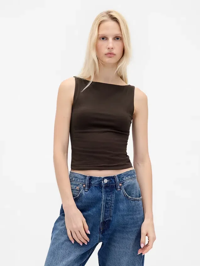 Crop-tanktop van dichtgebreide jersey met boothals
