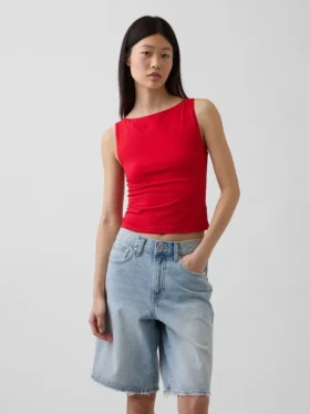 Crop-tanktop van dichtgebreide jersey met boothals