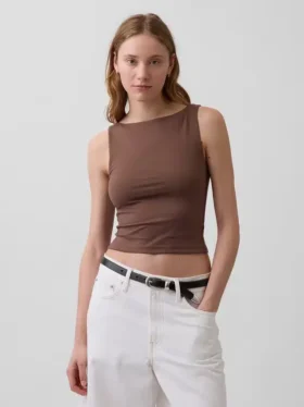 Crop-tanktop van dichtgebreide jersey met boothals
