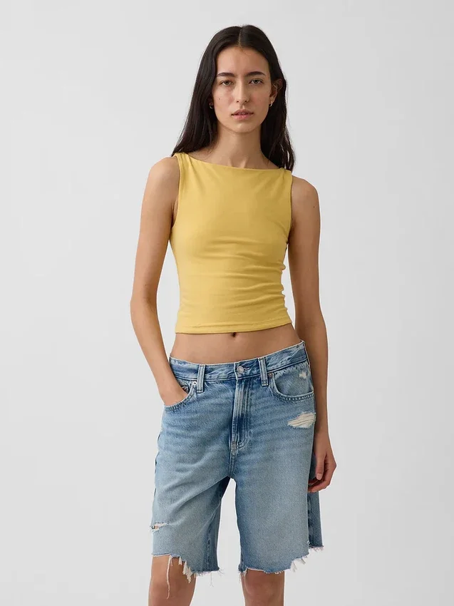 Crop-tanktop van dichtgebreide jersey met boothals