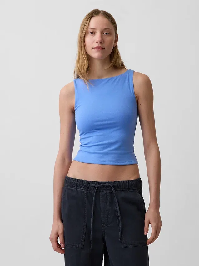 Crop-tanktop van dichtgebreide jersey met boothals