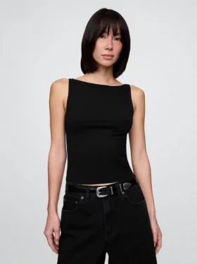 Crop-tanktop van dichtgebreide jersey met boothals